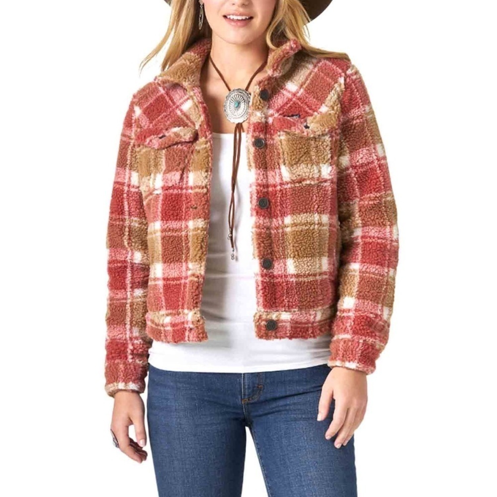 NWOT Wrangler Retro Fuzzy Plaid Sherpa Coat Pink Cream Checkered